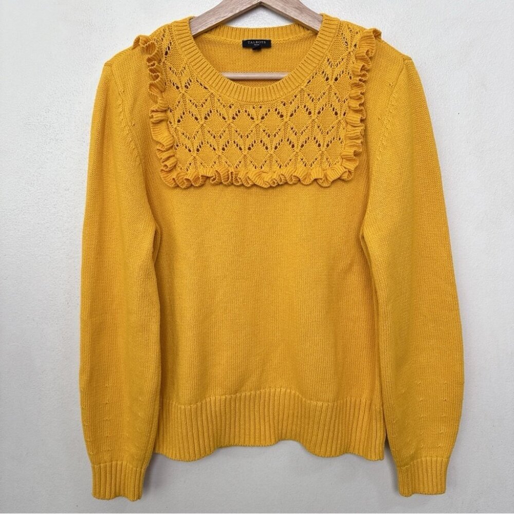 Talbots Womens Petite Large Crew Neck Ruffle Yellow Cotton Sweater
